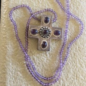 Sterling silver amethyst cabochons cross necklace
